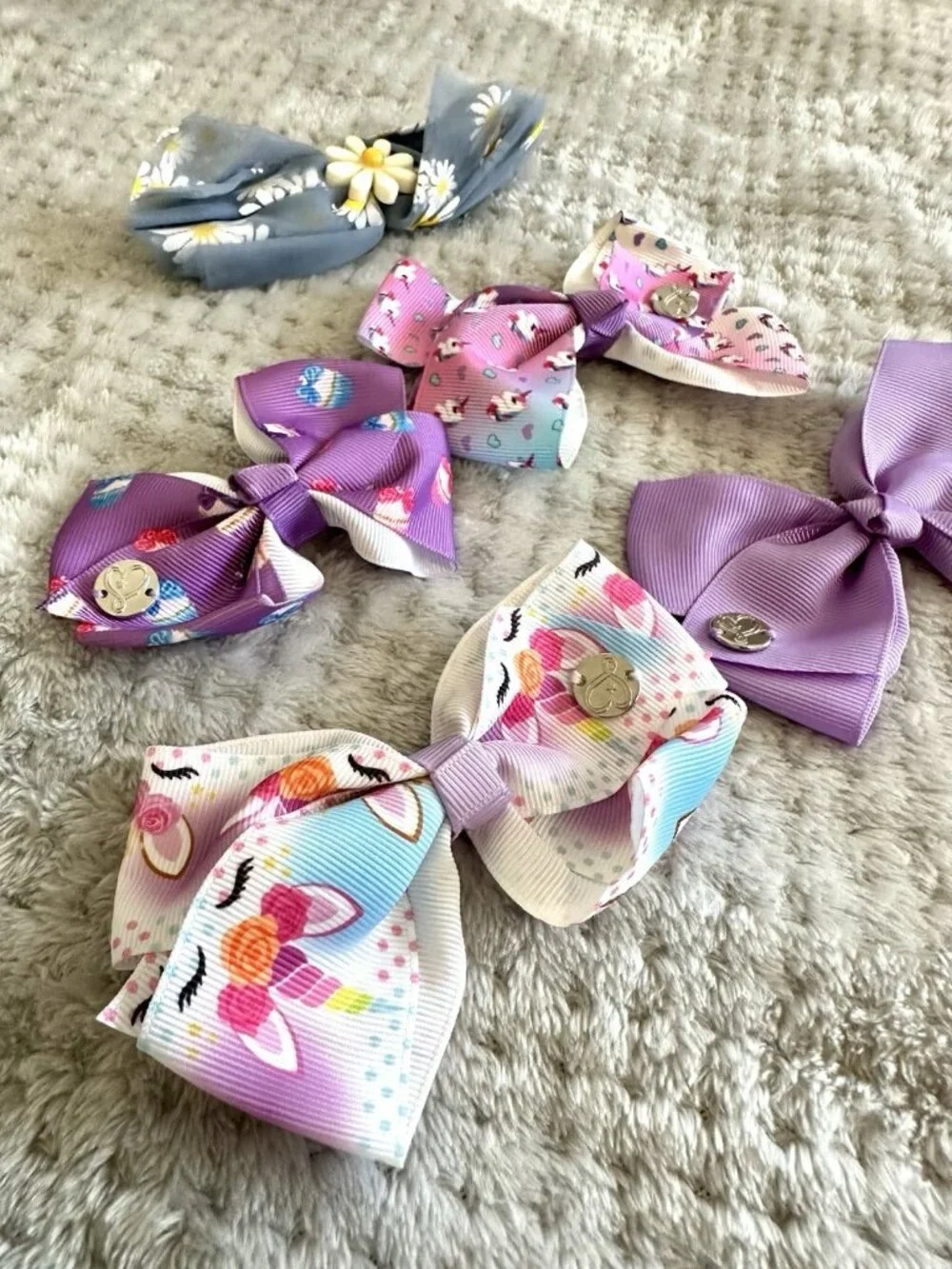 Girls Hair Bow Lot 5 Purple Pink Floral Cupcake Unicorn Grosgrain Bows 0530